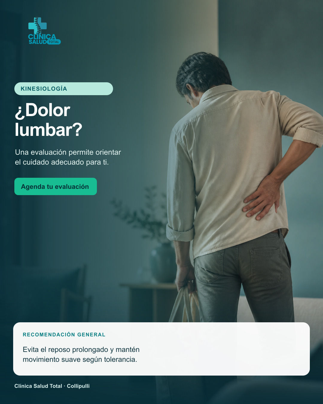 Pieza educativa de Clínica Salud Total sobre dolor lumbar y movimiento según tolerancia