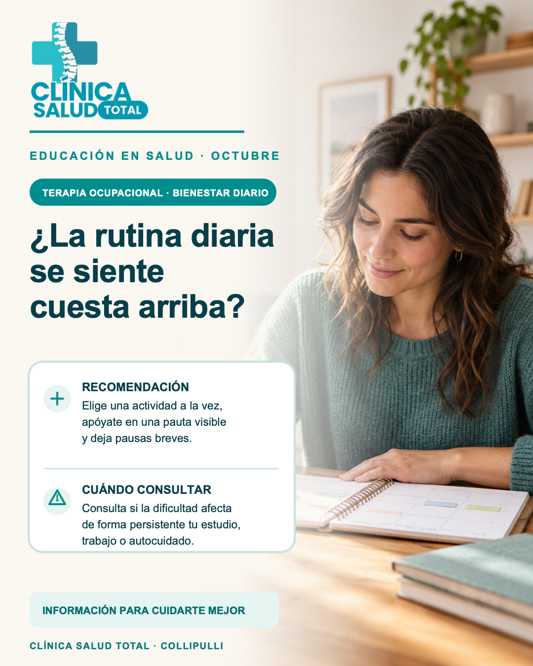 Pieza educativa de Clínica Salud Total sobre organización de la rutina diaria